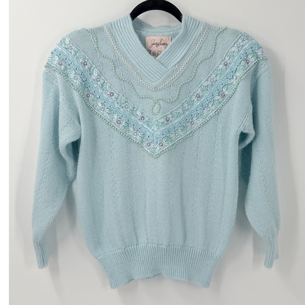 Vtg 80s Cottagecore Grandma‎ Sweater Womens sz S Lace Pearl shabby chic Granny